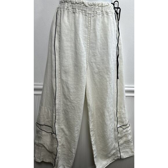 Cynthia Ashby 100% Linen Pants XS Baggy Wide Leg Cream Black Topstitch Designer - Picture 1 of 10